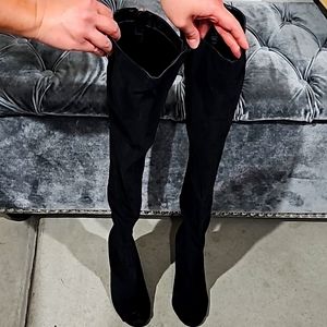 Black Velvet Peep Toe Above Knee Heel Boots